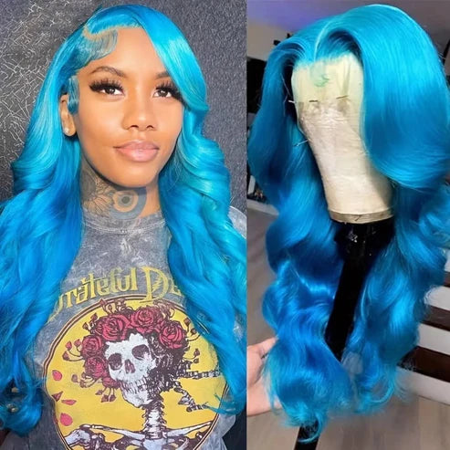 Light Sky Blue Body Wave 13x4 Lace Frontal Wig With Pre plucked Colored Human Hair Wig - AlloveHair