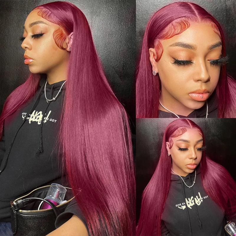 Long 40 Inch 13*4 Straight Hair 99J Burgundy Wear to Go Glueless Lace Front Wigs - AlloveHair