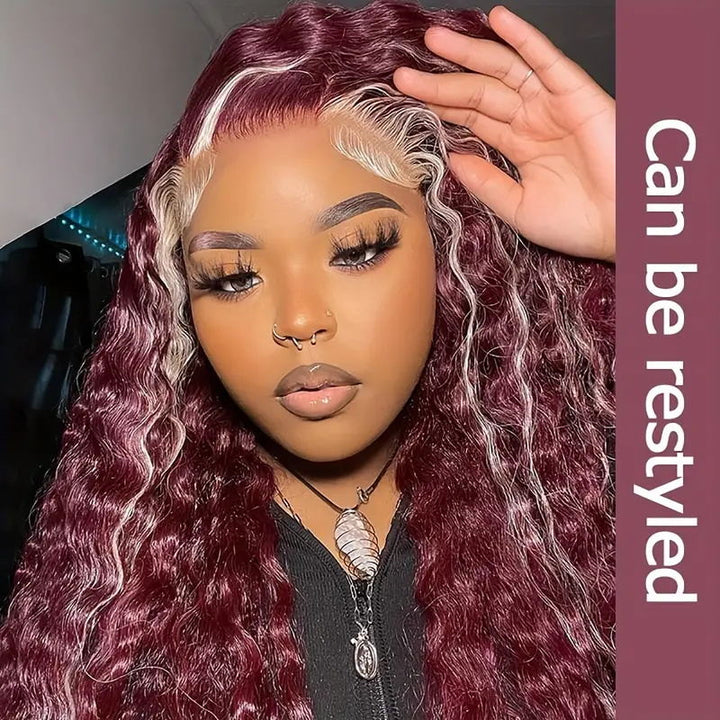 Skunk Stripe 99J Burgundy Blonde Body Wave 13x4 Transparent Lace Front Human Hair Wig