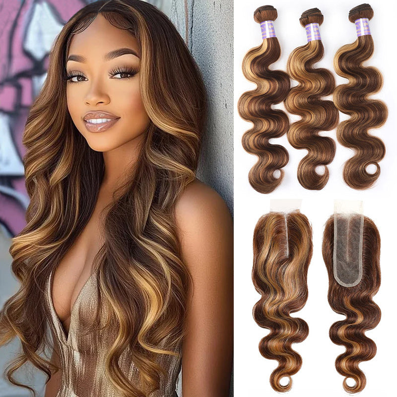 P4/27 Highlight Body Wave 3 Bundles With 2x6 Deep Part Lace Closure 100% Human Hair - AlloveHair