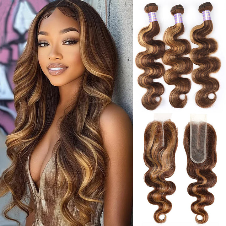 P4/27 Highlight Body Wave 3 Bundles With 2x6 Deep Part Lace Closure 100% Human Hair - AlloveHair