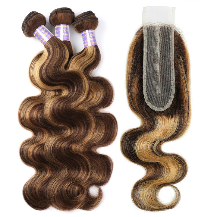 P4/27 Highlight Body Wave 3 Bundles With 2x6 Deep Part Lace Closure 100% Human Hair - AlloveHair