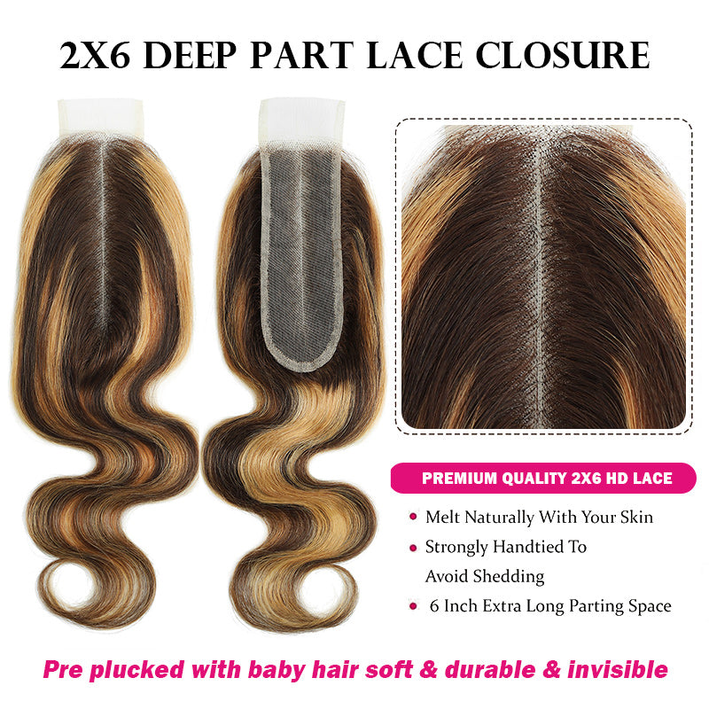 P4/27 Highlight Body Wave 3 Bundles With 2x6 Deep Part Lace Closure 100% Human Hair - AlloveHair