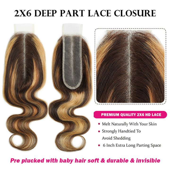 P4/27 Highlight Body Wave 3 Bundles With 2x6 Deep Part Lace Closure 100% Human Hair - AlloveHair