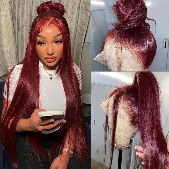 Allove Snug Fit 99J Burgundy Invisi-Pull String 360 Full Lace Frontal Wig 250% Density Straight Hair/Body Wave Pre Everything Glueless Wigs - AlloveHair