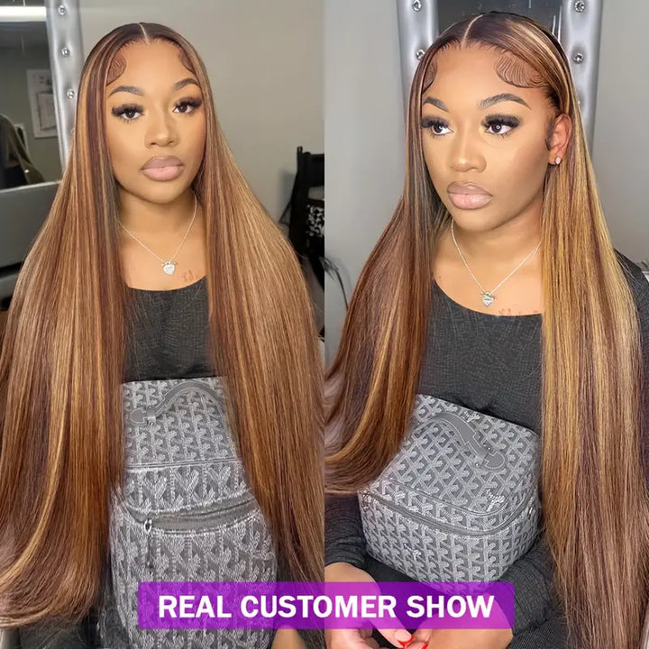13x6 HD Lace Front Straight Wig Honey Blonde Piano Highlights Transparent Human Hair Wigs - AlloveHair