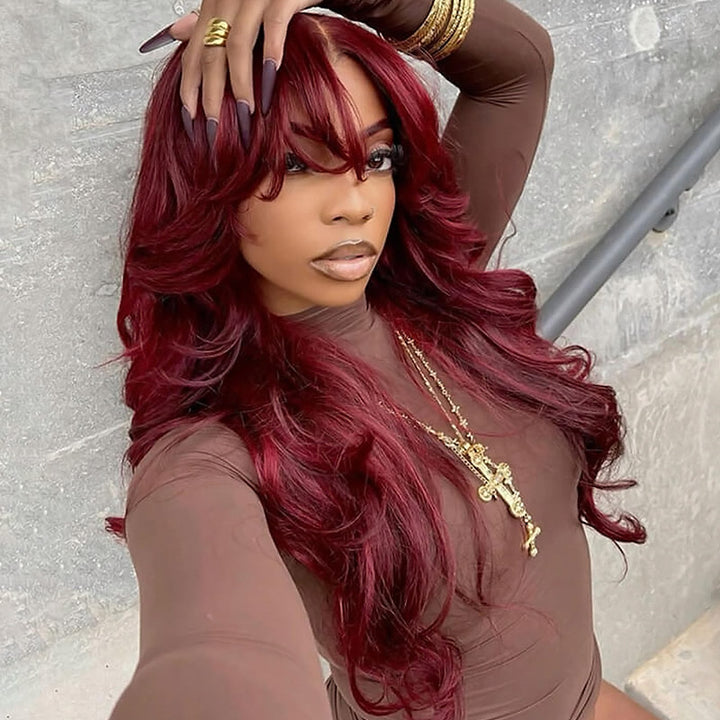 99J Burgundy Color Curtain Bangs Wigs Body Wave 13x4/5x5 HD Lace Glueless Wigs - AlloveHair