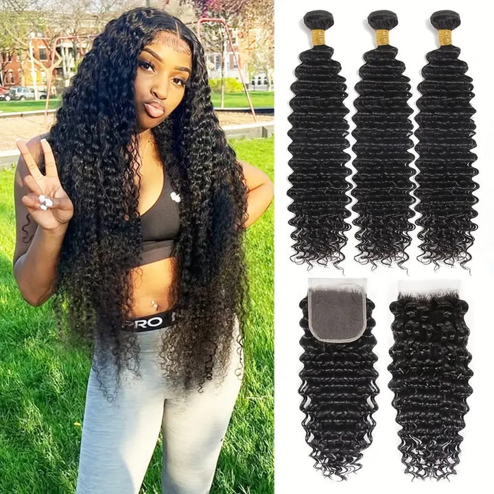 Overnight Shipping Allove Human Hair Extensions Next Day Delivery Straight Hair/Body Wave/Deep Wave 3 Bundles With 4*4 Lace Closure