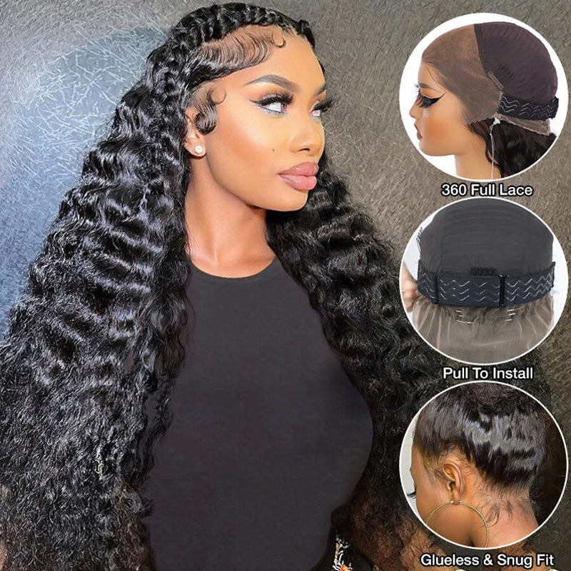Loose Deep Wave Invisible-String Snug Fit 360 Lace Front Wigs Pre Plucked HD Lace Human Hair Crimped Wigs - AlloveHair