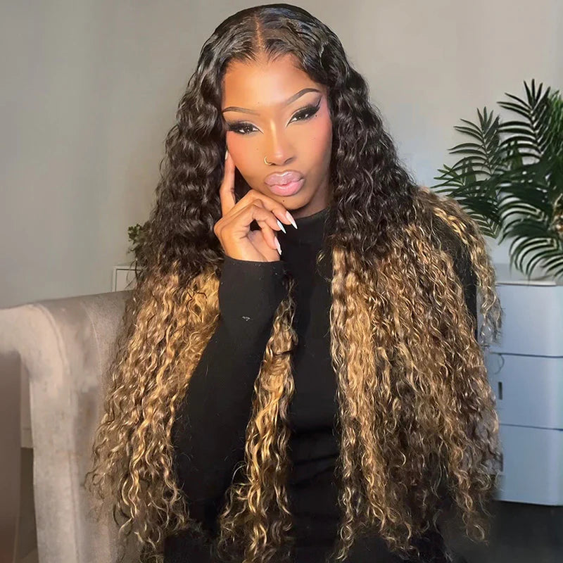 Two Tone Ombre Honey Blonde Glueless Deep Curly Transparent Lace Front Colored Wigs - AlloveHair