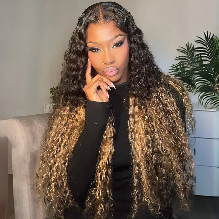 Two Tone Ombre Honey Blonde Glueless Deep Curly Transparent Lace Front Colored Wigs - AlloveHair
