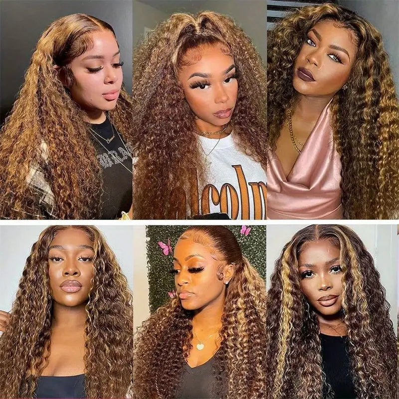Highlight Ombre Colored 4x4 HD Lace Closure Wig Kinky Curly Human Hair Wigs For Black Women