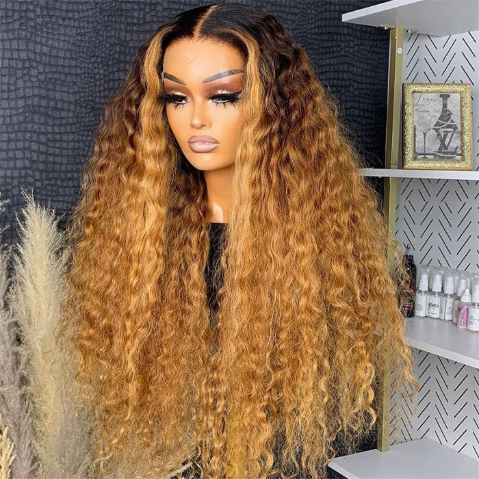 Allove 13x4/13x6 Lace Front Ombre Deep Wave Honey Blonde Wig With Dark Roots Pre Plucked HD Lace Wig