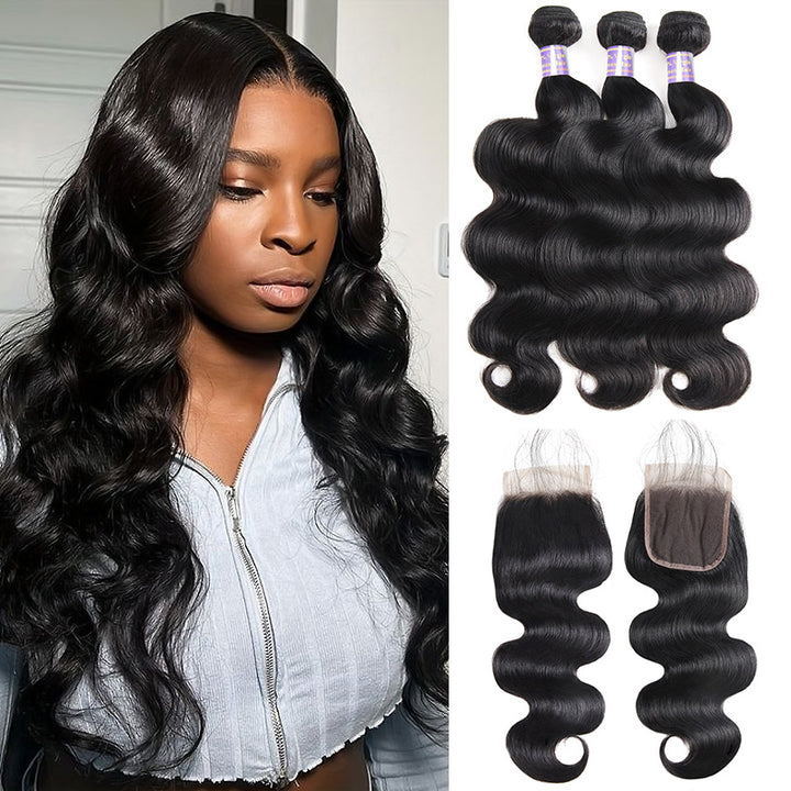 Brazilian Body Wave Hair 3 Bundles with Transparent 4*4 Lace Closure - AlloveHair