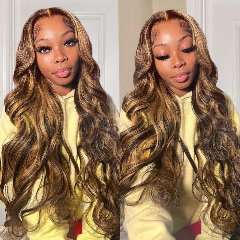 Highlight Wig 13x4 Honey Blonde Ombre Colored Body Wave Lace Front Wig With 3 Cap Sizes