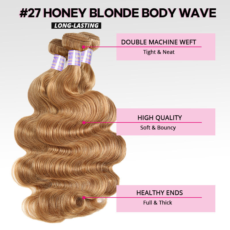 #27 Honey Blonde Bundles with 2x6 HD Lace Closure Colored Body Wave Human Hair 3 Bundles with Lace Closure - AlloveHair