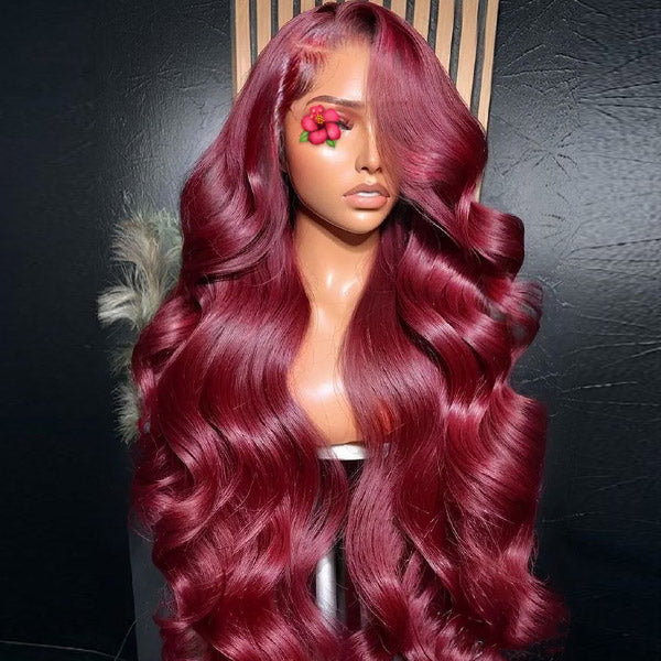 30 Inch Glueless 13x6 HD Lace Front Wig Burgundy 99J Body Wave Colored Human Hair Wigs - AlloveHair