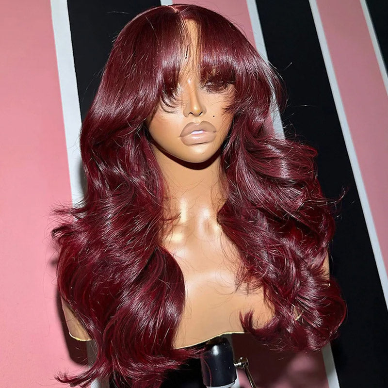 99J Burgundy Color Curtain Bangs Wigs Body Wave 13x4/5x5 HD Lace Glueless Wigs - AlloveHair