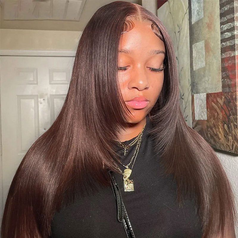 #4 Chocolate Brown Layered Cut Straight Wigs 13x4/5x5 HD Lace Front Human Hair Wigs - AlloveHair