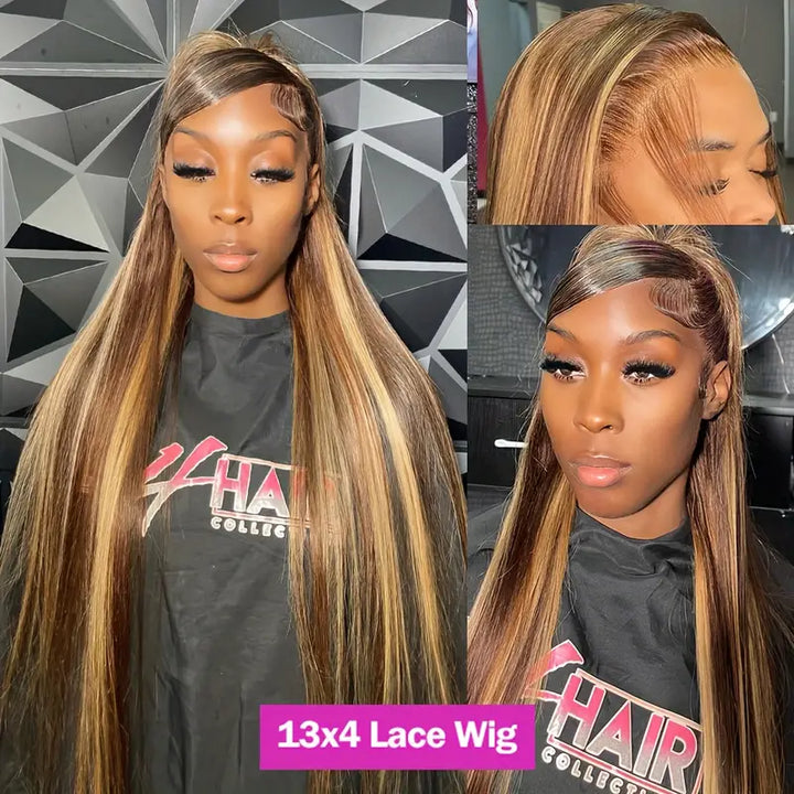 13x6 HD Lace Front Straight Wig Honey Blonde Piano Highlights Transparent Human Hair Wigs - AlloveHair