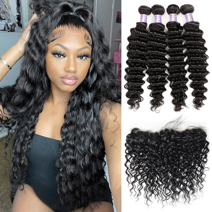 Brazilian Deep Wave 4 Bundles with 13*4 Lace Frontal Closure Human Hair - AlloveHair