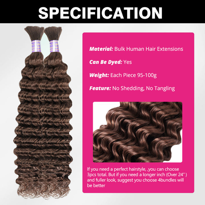 Allove #4 Deep Wave Bulk Human Hair For Braiding Brown Color Boho Braids For Black Women - AlloveHair