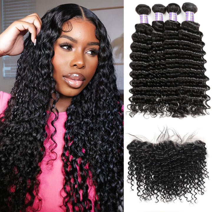 Malaysian Deep Wave 4 Bundles with 13*4 Lace Frontal Closure - AlloveHair
