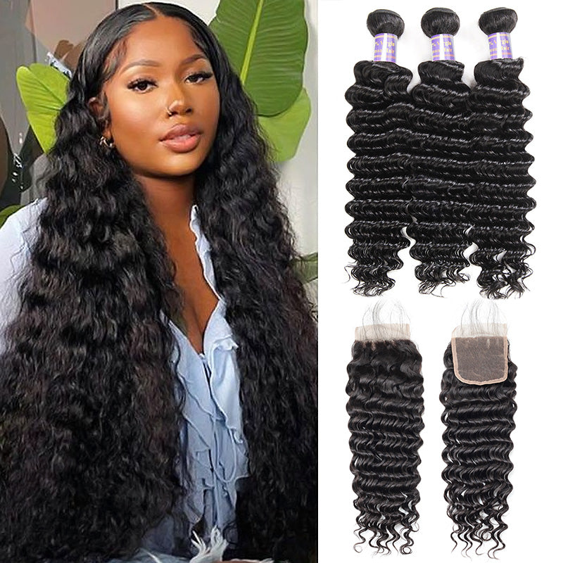 Allove Hair Brazilian Deep Wave Hair 3 Bundles with HD 4*4 Lace Closure - AlloveHair
