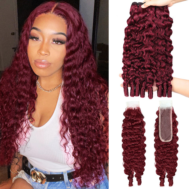 99J Burgundy Burmese Curly Human Hair Bundles with 2x6 Deep Part Lace Closure Virgin Hair Quick Weave - AlloveHair