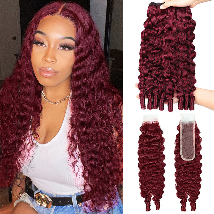 99J Burgundy Burmese Curly Human Hair Bundles with 2x6 Deep Part Lace Closure Virgin Hair Quick Weave - AlloveHair