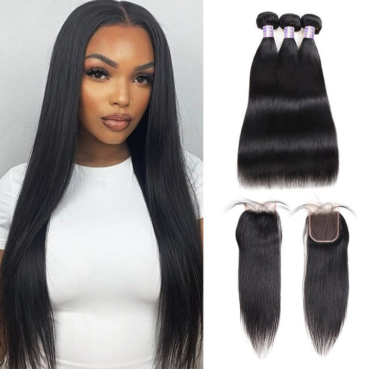 Brazilian Bone Straight Hair 3 Bundles with HD Transparent 4*4 Lace Closure - AlloveHair