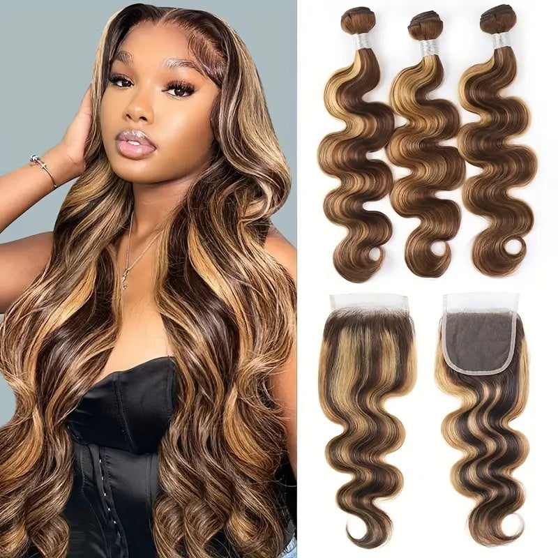 Overnight Shipping Honey Blonde Body Wave Hair 3 Bundles With 4*4 Lace Closure