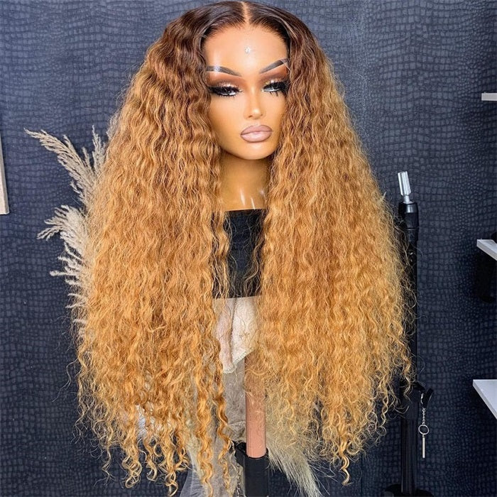 Allove 13x4/13x6 Lace Front Ombre Deep Wave Honey Blonde Wig With Dark Roots Pre Plucked HD Lace Wig