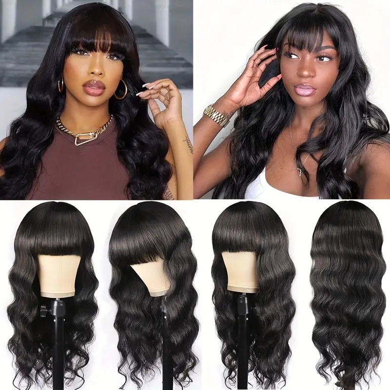 Allove Hair Machine Made Wigs Brazilian Body Wave Human Hair Wig With Free Part Bangs