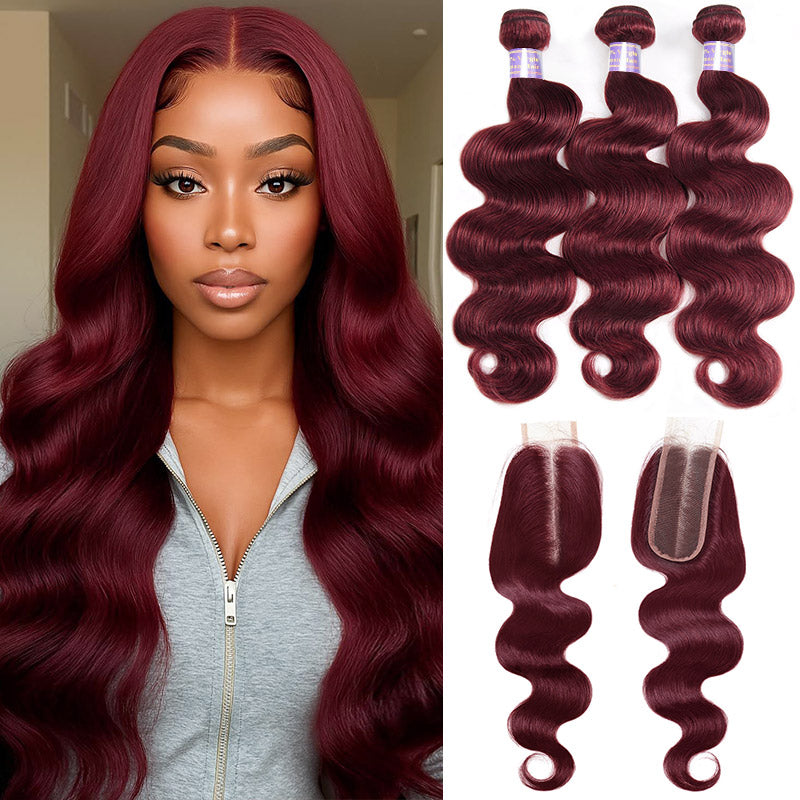 Burgundy 99J Bundles with 2x6 HD Closure Deep Parting Body Wave 3 Bundles Brazilian Human Hair Weave - AlloveHair