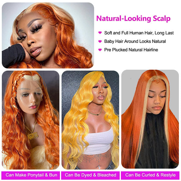 Ginger Orange Blonde Ombre Color Body Wave 13*4 HD Lace Front Wig Brazilian 4x4 Lace Closure Human Hair Wig