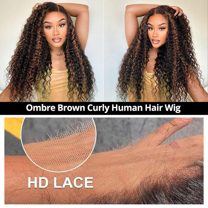 1B/30 Balayage Ombre Brown Deep Wave 13x6 Lace Front Wig with Pre-Plucked Hairline Glueless Wear - AlloveHair