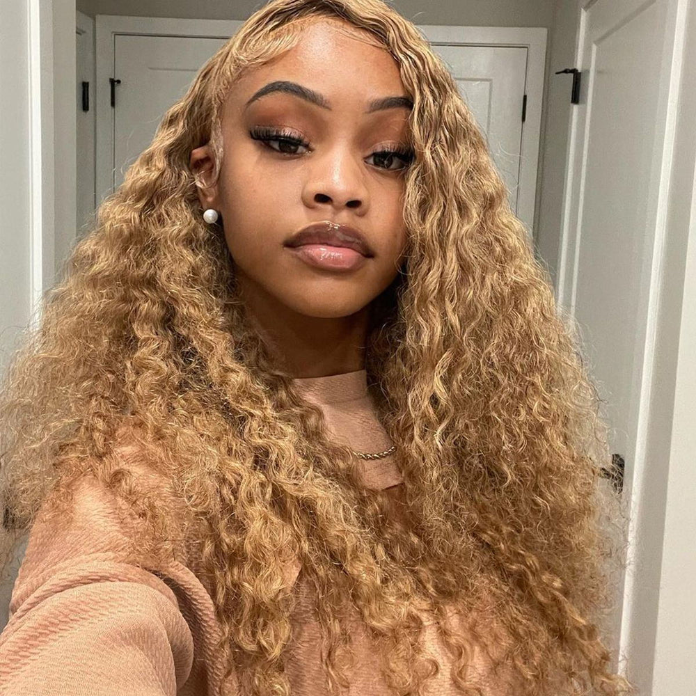 #27 Honey Blonde Color Deep Wave Transparent 13x4 Lace Front Wig with Pre Plucked