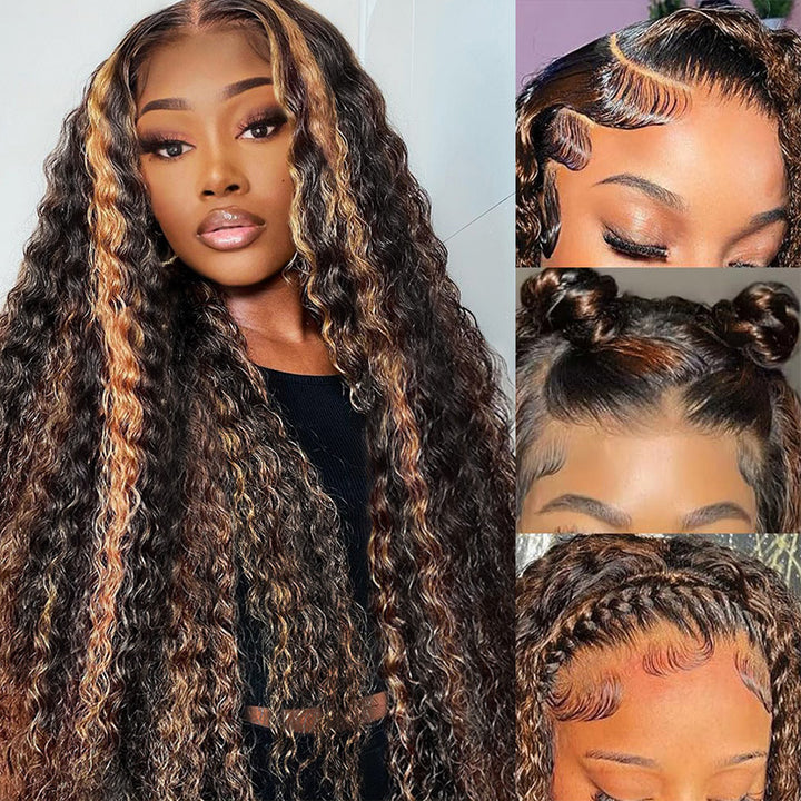 1B/30 Balayage Ombre Brown Deep Wave 13x6 Lace Front Wig with Pre-Plucked Hairline Glueless Wear - AlloveHair