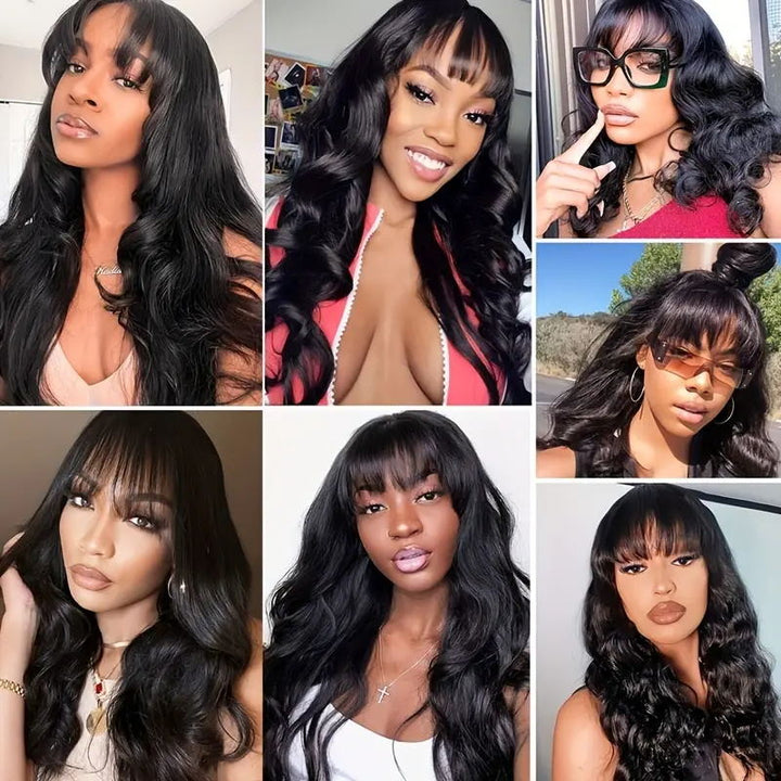 Allove Hair Machine Made Wigs Brazilian Body Wave Human Hair Wig With Free Part Bangs