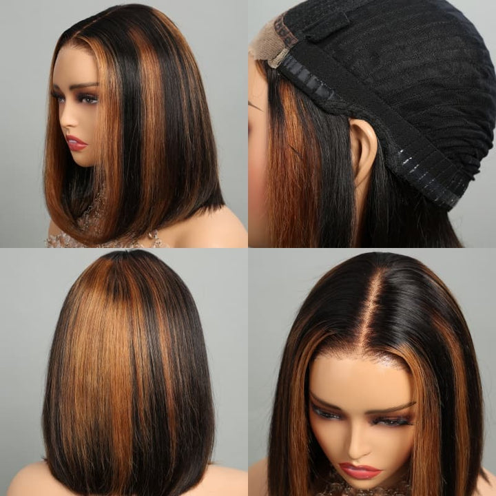Piano Highlights Color 13x4 4x4 Lace Front Short Bob Wigs Honey Blonde Straight Human Hair Wig - AlloveHair