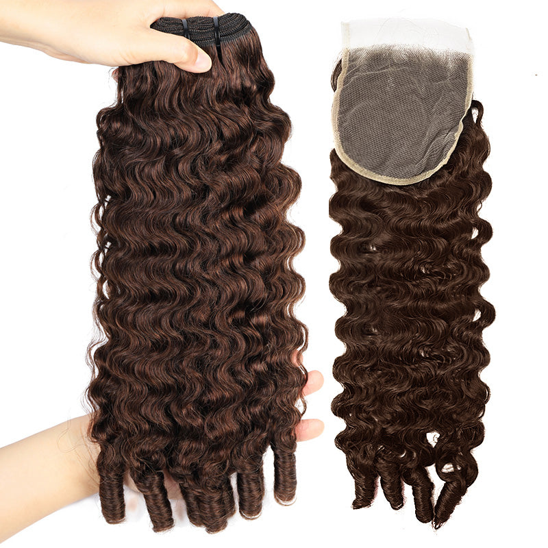 #4 Brown Colored Burmese Curly Human Hair 3 Bundles With 4x4 Transparent Lace Closure - AlloveHair