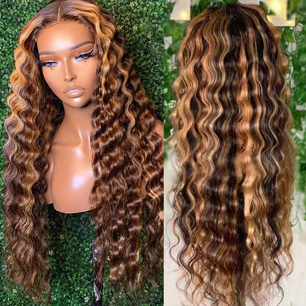 Allove Highlight Ombre Hair Invisible 13x4 Lace Front Wig Brazilian Loose Deep Wave Hair