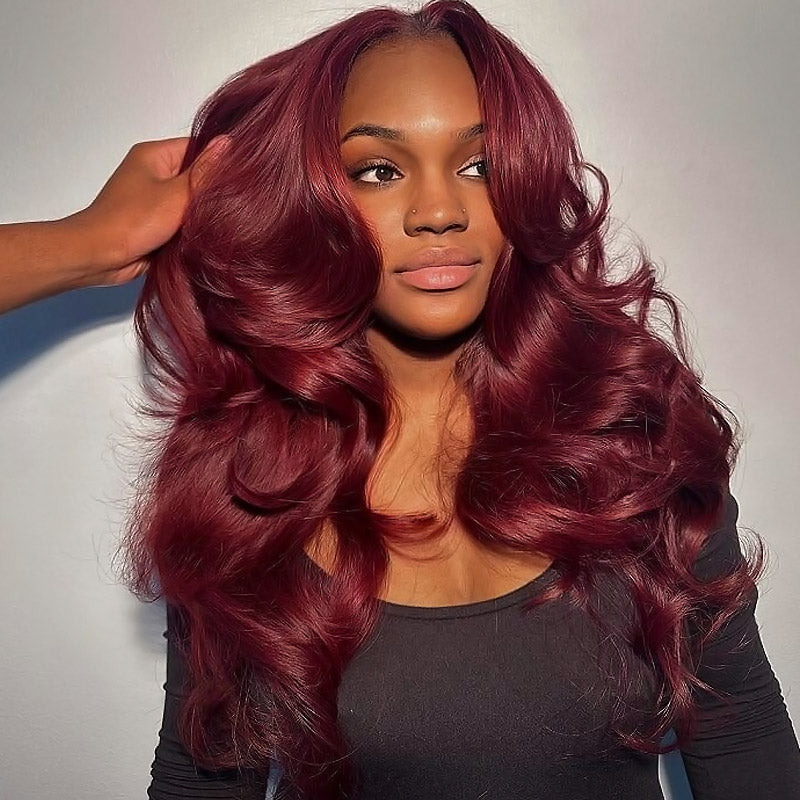 99J Burgundy Color Curtain Bangs Wigs Body Wave 13x4/5x5 HD Lace Glueless Wigs - AlloveHair