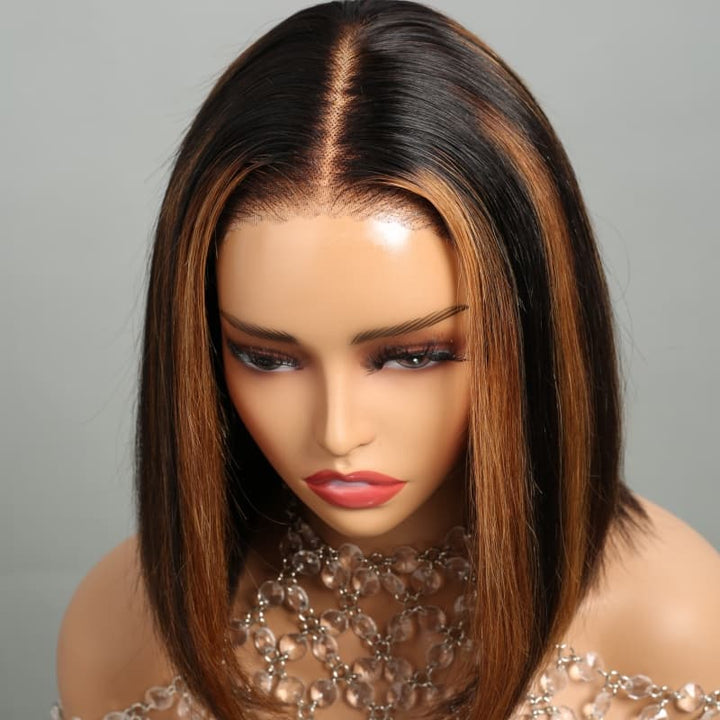 Piano Highlights Color 13x4 4x4 Lace Front Short Bob Wigs Honey Blonde Straight Human Hair Wig - AlloveHair