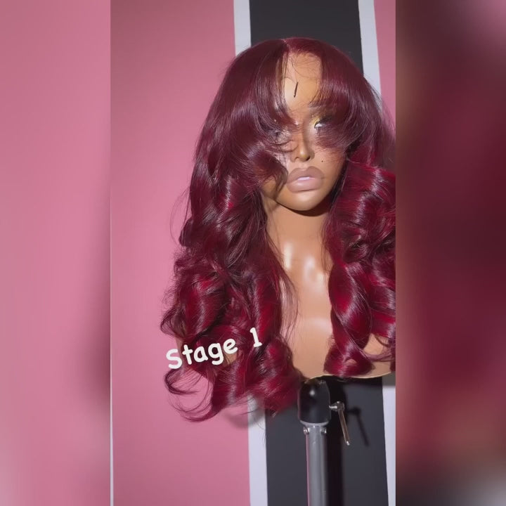 Allove 99J Burgundy Body Wave Wig with Curtain Bangs Human Hair Glueless HD Lace Wigs