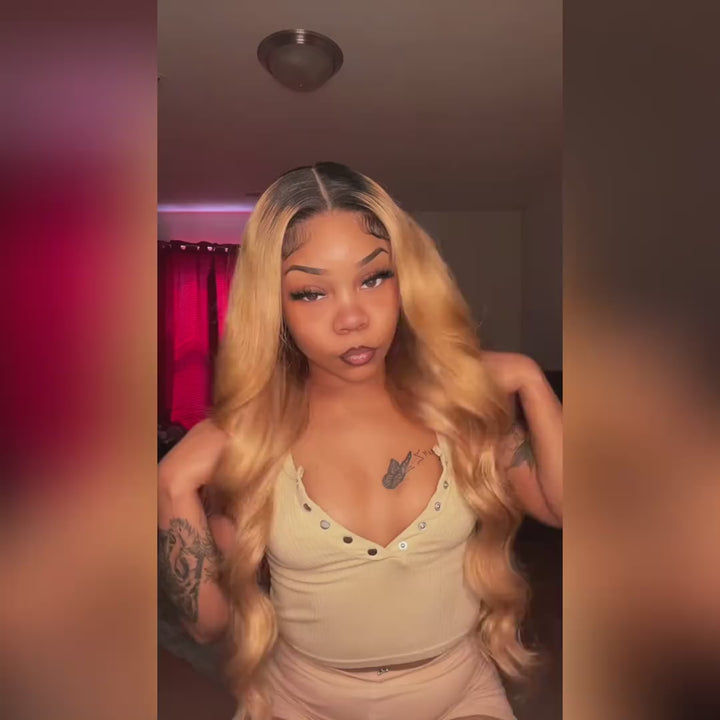 1B/27 Ombre Body Wave 13x4 HD Lace Front Wigs Honey Blonde Color With Dark Roots