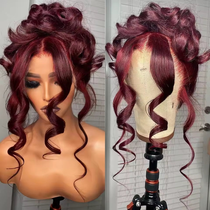 Allove Snug Fit 99J Burgundy Invisi-Pull String 360 Full Lace Frontal Wig 250% Density Straight Hair/Body Wave Pre Everything Glueless Wigs - AlloveHair