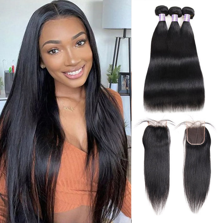 Malaysian Bone Straight Hair 3 Bundles with 4x4 Transparent Lace Closure Human Hair Weave - AlloveHair