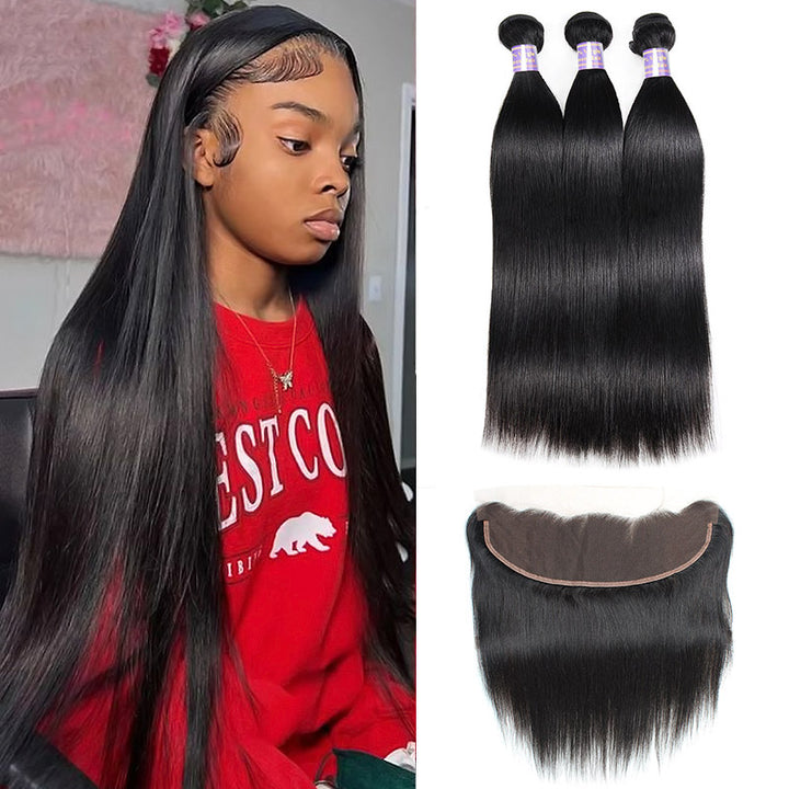 Indian Straight Hair 3 Bundles With 13*4 Lace Frontal Human Hair - AlloveHair